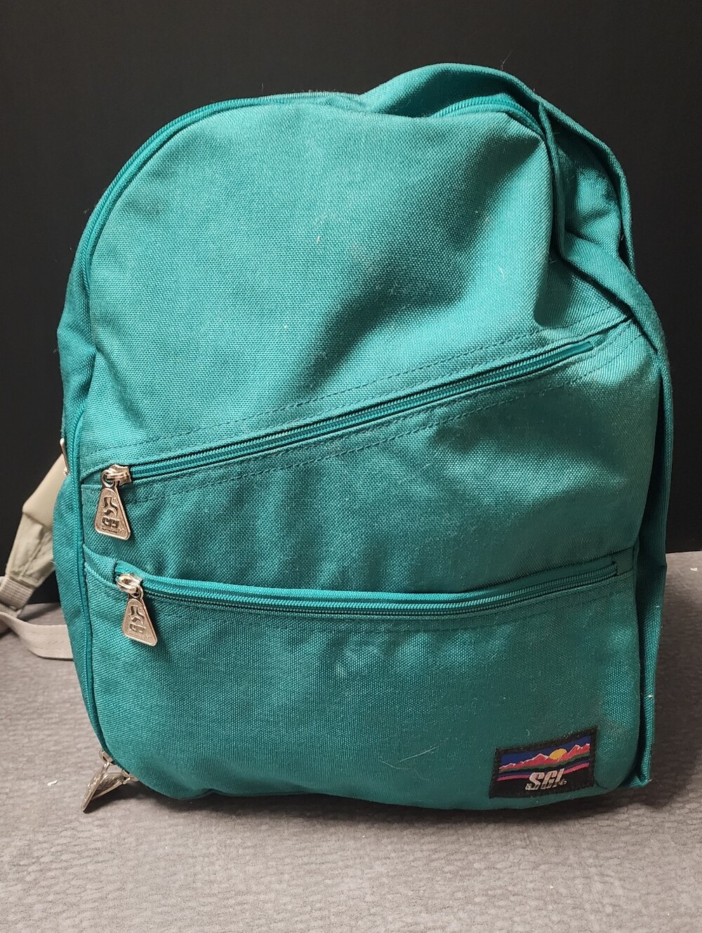 Vintage 1980s SGI Teal School Backpack 12"×15"×5" Double Zipper Pulls Pockets